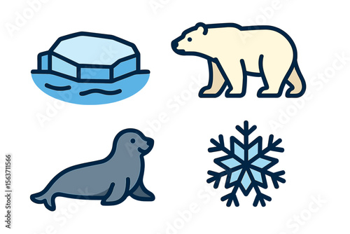 Animals and elements of the Arctic ecosystem featuring polar bear, seal, iceberg, and snowflake designs