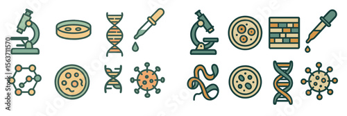 Scientific illustrations of microorganisms and genetic material showcasing research tools and biological processes