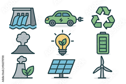 Exploring renewable energy symbols showcasing solar, wind, and water resources with a focus on sustainability and future technologies