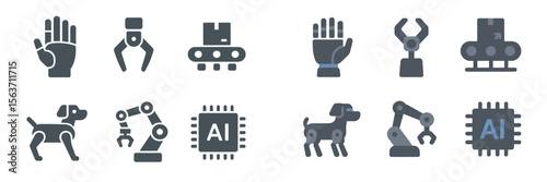Collection of robotic icons representing various technologies and applications in automation and artificial intelligence
