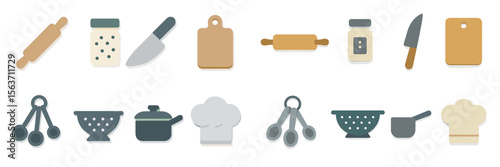 Cooking tools and kitchen utensils displayed on a clean white surface for culinary preparation