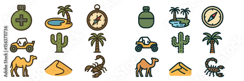 Collection of desert-themed icons featuring cactus, camels, and survival gear for adventure and exploration
