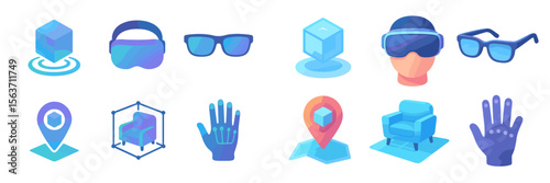 Various modern technology icons representing virtual reality and augmented reality applications