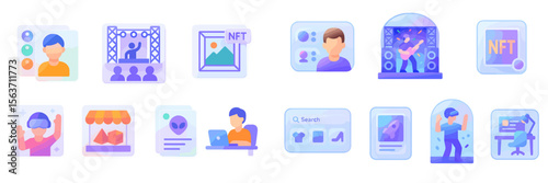 Icon set representing digital technology themes related to NFTs, virtual reality, and online activities