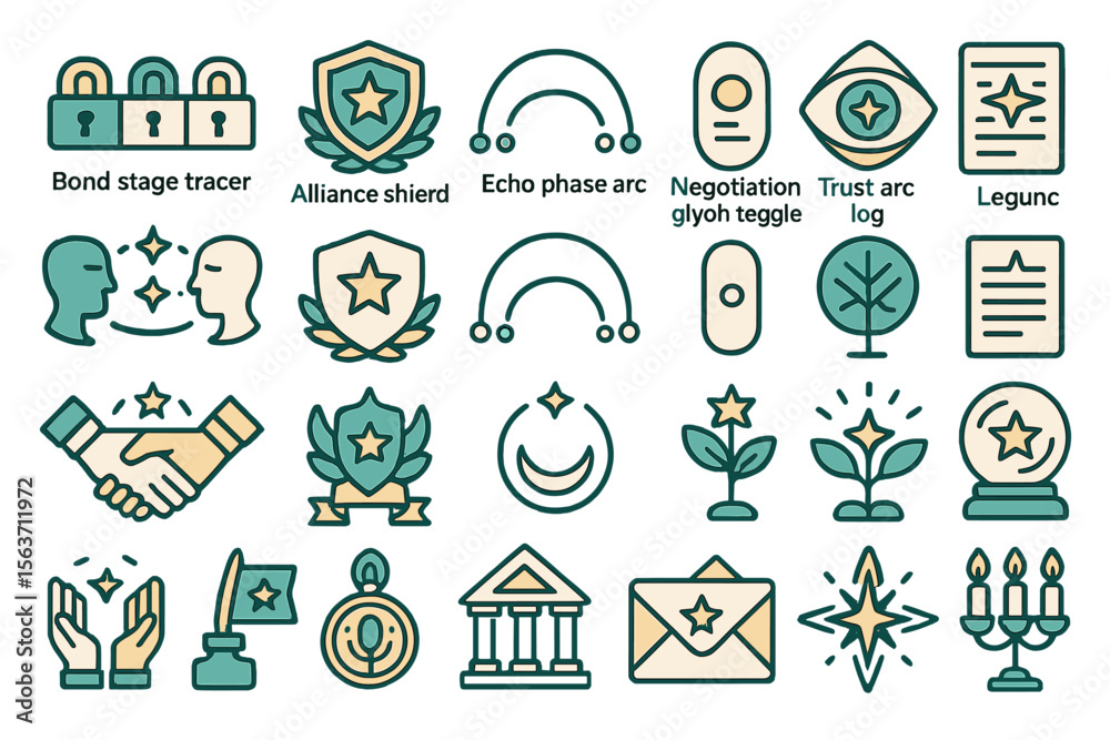 Fototapeta premium Set of icons for magical diplomacy, including shields, trust logs, plants, and mystical symbols.