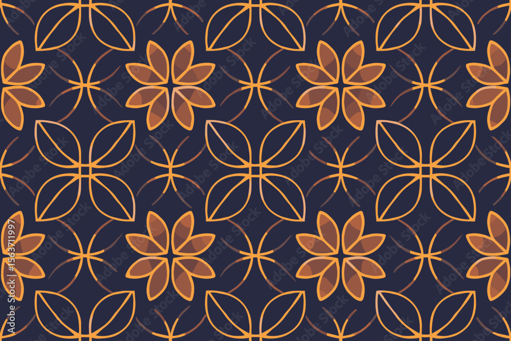 Seamless geometric floral pattern with glowing orange petals on dark blue Seamless geometric floral pattern with glowing orange petals on dark blue