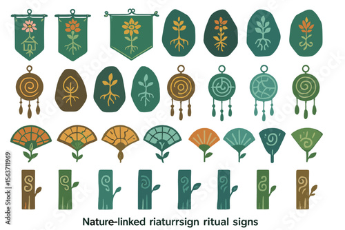 Set of mystical nature-themed ritual symbols on gradient background