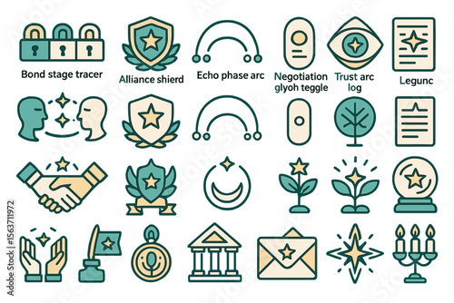 Set of icons for magical diplomacy, including shields, trust logs, plants, and mystical symbols.