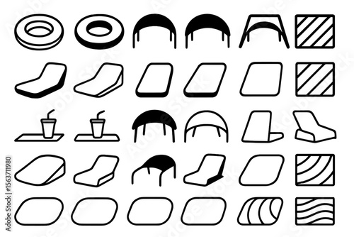 Set of black outline icons depicting various pool and beach items.