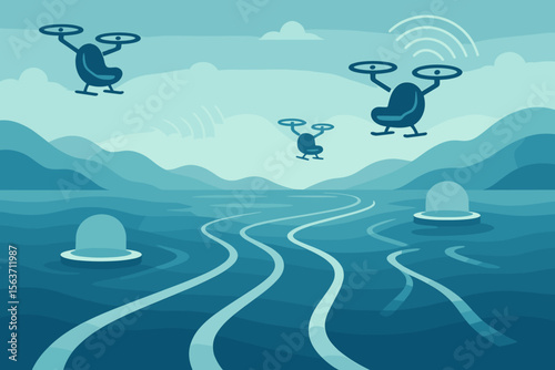 Futuristic scene featuring flying drone chairs and hovering pods over serene water.