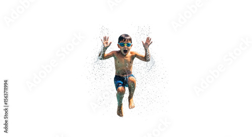 Boy with goggles jumping in water with hands up and water splashing around him on white background