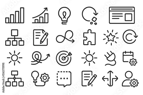 Minimalist productivity and UI icon set with charts, targets, and tools