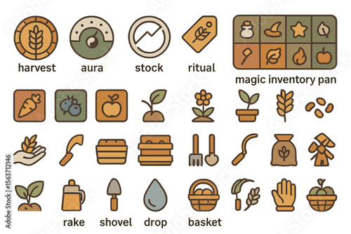 Colorful farming and gardening icon set with tools, crops, and inventory