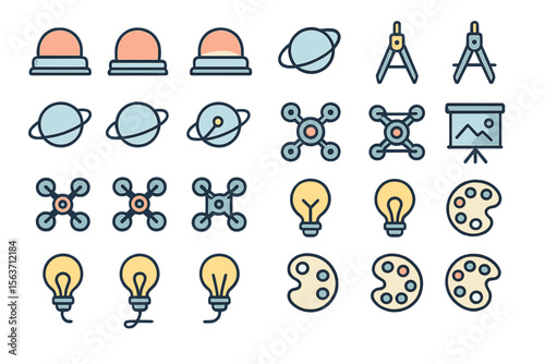 Colorful icon set featuring planets, drones, bulbs, and creative tools