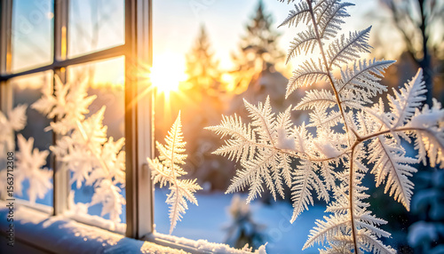 Frozen winter ferns glisten with frost against a bright sunrise seen through a vintage window, offering a magical, seasonal holiday concept.