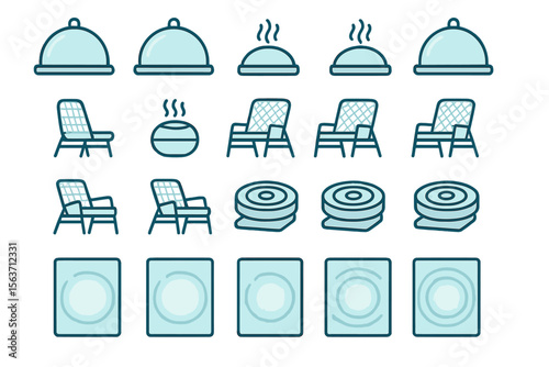 Tech-style icon set featuring chairs, heating pods, and smart cushions