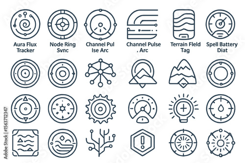 Sci-fi themed tech icon set with abstract trackers, meters, and nodes