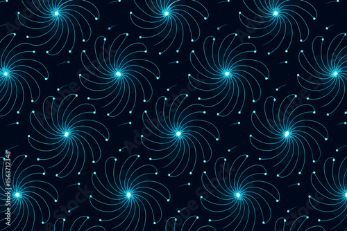 Seamless glowing spiral pattern with dotted tips and dark background