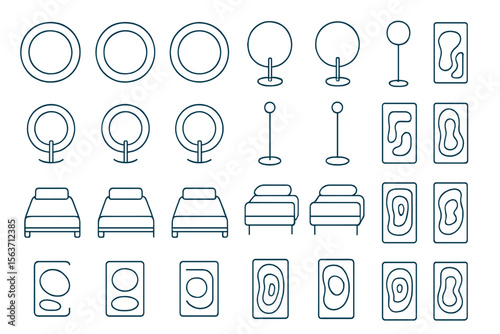 Set of modern furniture and abstract decor icons featuring beds, chairs, and decorative panels.