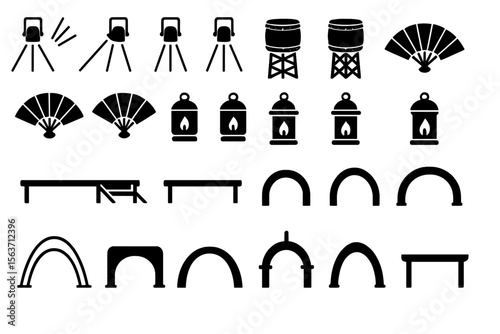Set of black silhouettes featuring oriental-themed elements like lamps, fans, arches, and stage furniture.