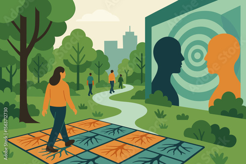 People interact with smart tiles and echo mural in a modern park