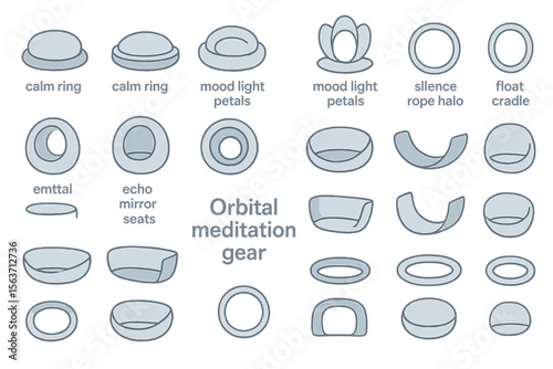 Futuristic orbital meditation gear set, including calming rings, lotus petals, and floating cradles.