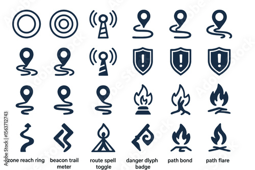 Set of navigation, warning, and mystical journey-themed icons with path, beacon, and flame symbols.