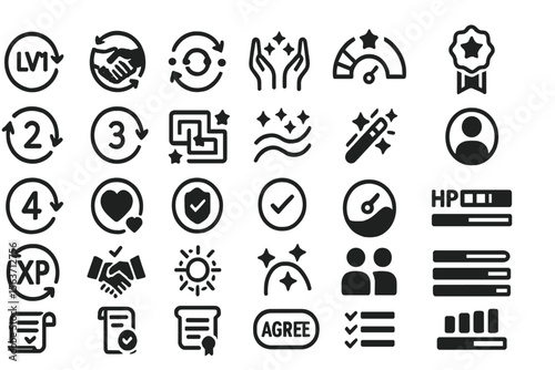 Set of game interface icons, including level progression, XP, health points, status, agreement, and tasks.