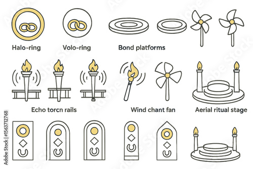 Set of mystical icons including ritual symbols, ceremonial platforms, torches, fans, and altars.