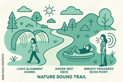 Green-toned illustration of a nature sound trail with outdoor interactive features.