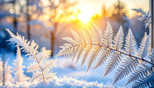Winter sunlight streams behind frosted fern leaves, creating a beautiful seasonal scene with glistening ice crystals and bokeh highlights.