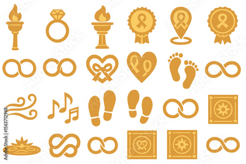 A collection of symbolic icons representing love, infinity, awards, ribbons, and harmony, featuring elements like hearts, footprints, and the infinity symbol.