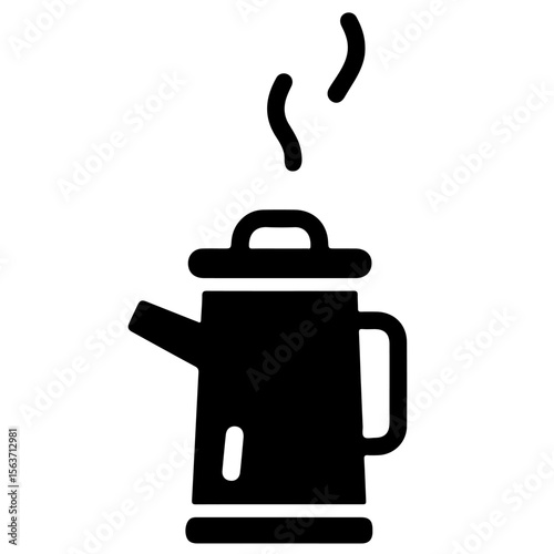 Black and white vector illustration of a steaming coffee pot