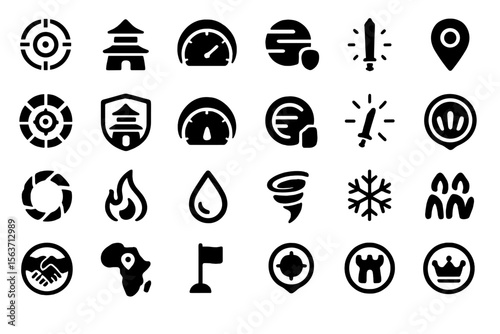 A collection of bold, black icons depicting elements such as targets, buildings, weather conditions, weapons, and locations, all designed with a sleek, minimalistic aesthetic.