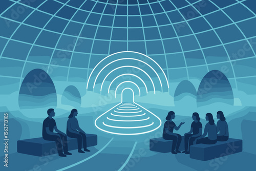 A futuristic indoor setting with people sitting on benches, conversing, and surrounded by glowing arches.