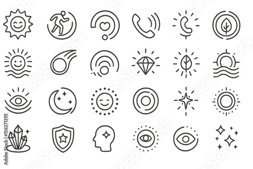 Set of mystical and cosmic line icons on dark gradient background