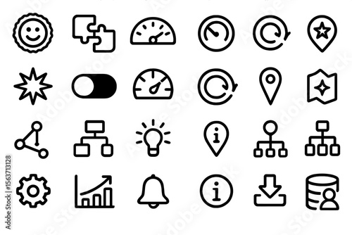 Dark minimal icon set with smileys, maps, charts, toggles, and information symbols