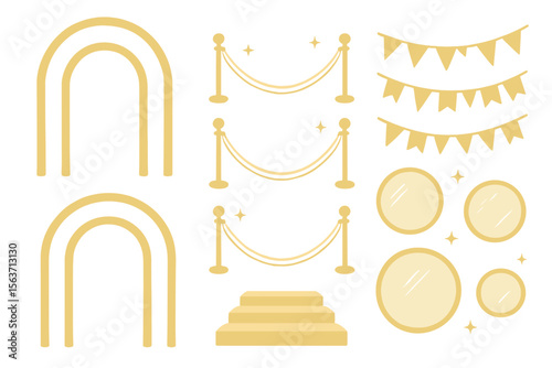 A collection of celebratory design elements including illuminated arches, ropes, flags, and stage podiums, perfect for event decorations or festive settings.