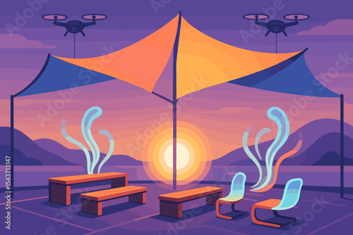 Sunset outdoor lounge with drone-supported shade sails and glowing breeze seats