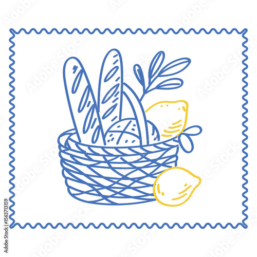 Outline Bread Baguette Basket Illustration. Romantic Picnic Bakery Food Ingredients Sketch Line Art. Mediterranean Travel Vacation Atmosphere. Tourism Agency Card Print. Doodle Hand Drawn Sketch Bread