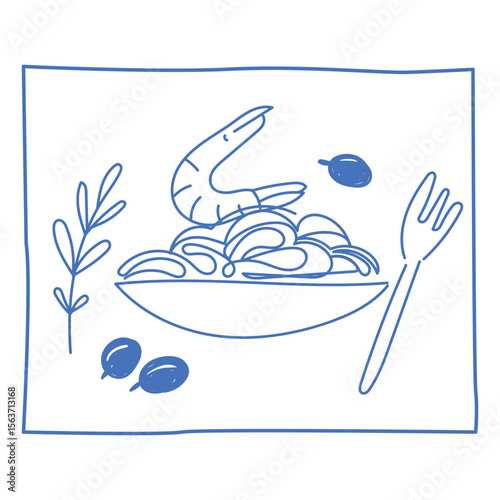 Outline Sea Food Contour Sketch Illustration. Vintage Mediterranean Atmosphere Life Symbol. Travel Rest Resort Vacation Theme. Line Hand Drawn Doodle Card Invitation Poster Print Design. Fresh Meal