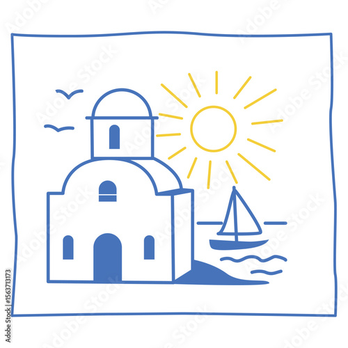 Line House and Boat on Island Illustration. Tropical Travel rest Theme. Outline Sketch Contour Drawn Art. Travel Agency Card Invitation Poster Decoration Design.