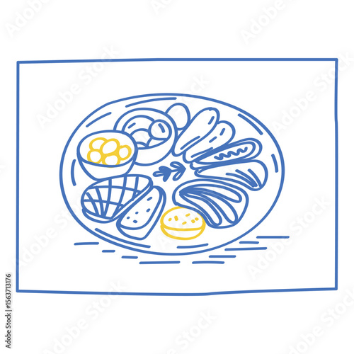 Outline Sea Food Contour Sketch Illustration. Vintage Mediterranean Atmosphere Life Symbol. Travel Rest Resort Vacation Theme. Line Hand Drawn Doodle Card Invitation Poster Print Design. Fresh Meal