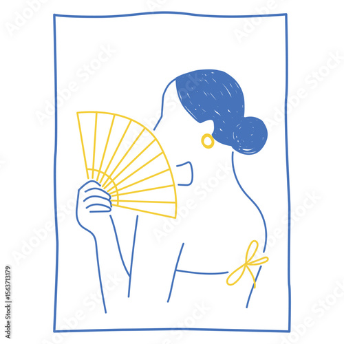 Outline Woman Character with  Fan Portrait. Spanish Style. Mediterranean Life Theme. resort Vacation and Travel Rest. Minimalist Line Contour Art Logo. 