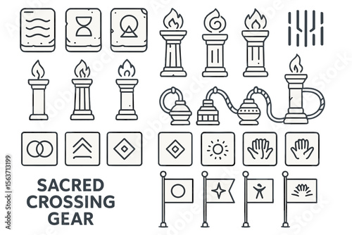 Sacred icon set featuring pillars, flames, symbols, incense, and flags