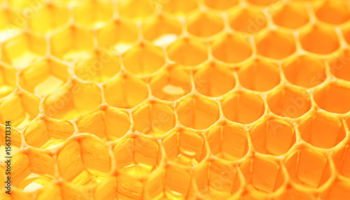 An inviting macro view showcases the intricate geometric pattern of golden honeycombs filled with sweet honey, a natural and organic texture.