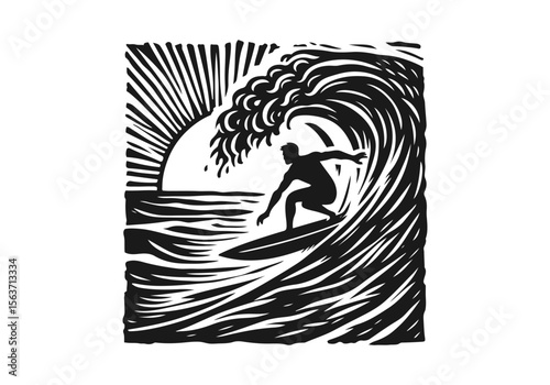 People Surfing Hand Drawn Natural Illustration Stylized as Linocut Vector Isolated by AZ for Books, Arts, Design and Decoration Graphic Asset