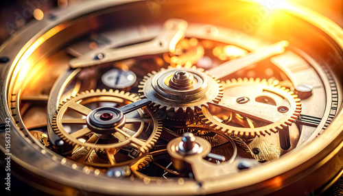 Intricate gold gears and cogs of a vintage timepiece shine brightly, showcasing the beauty of mechanical watchmaking and engineering precision.