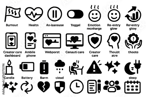 A set of icons related to well-being, stress management, and health, with symbols for burnout, creator care, emotional recharge