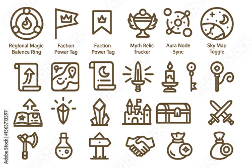 Set of fantasy game-related icons, including magic, items, and tools.